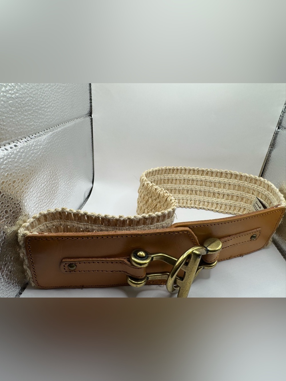 Fossil Woven Stretch Belt Leather Equestrian Buckle Cream Tan Boho - Picture 2 of 12